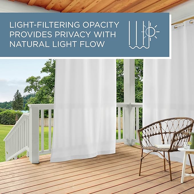 Town & Country Basics Cabana Solid Heavyweight Indoor Outdoor Curtains, Light Filtering Opacity with Grommet Top, Water Repellent, 2-Pack Set, 54"x132", White