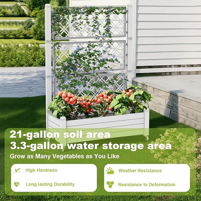 Raised Garden Bed with Trellis, 21 Gallon Self Watering Planter Box with Lockable Wheels & Drainage Holes for Climbing Plants Vegetables Flowers, Anti-Rust Resin for Backyard Patio (Ashen)