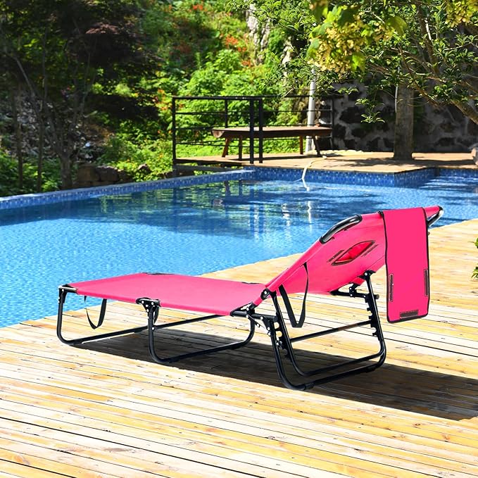 GYMAX Tanning Chair, 350lbs Beach Lounge Chair with Face Hole, Detachable Washable Pillow & Carry Strap, Adjustable Folding Chaise Lounge, Layout Chair for Outside, Patio, Poolside, Lawn (2, Pink)