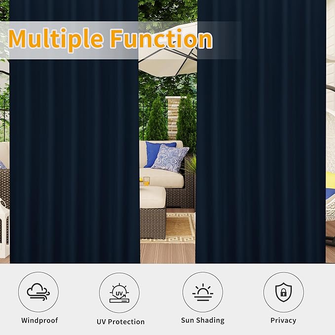 Easy-Going Outdoor Patio Curtains Detachable Tab Top Windproof Weatherproof Curtain for Cabana, Porch, Pergola and Gazebo, Tab Bottom Drape, 2 Panels, 54W x 84L inch, Navy
