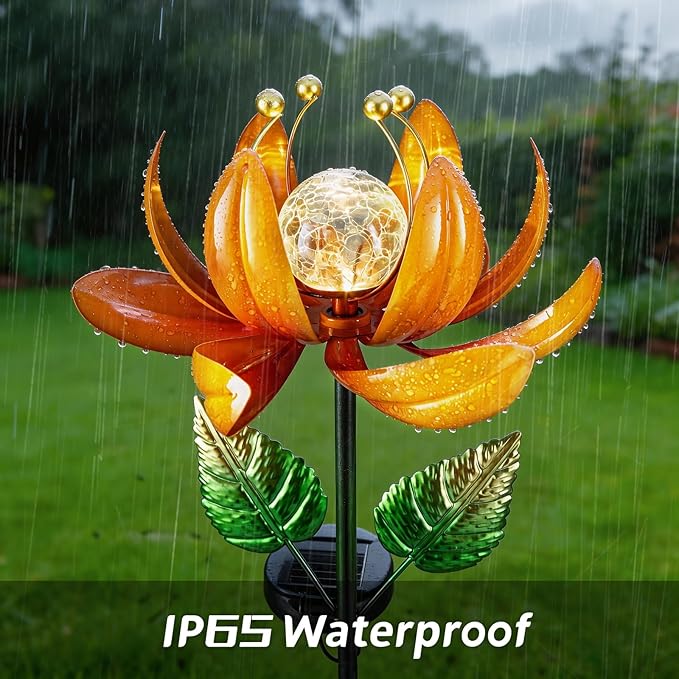 Outdoor Solar Lights Garden Decor,Wind Spinner Yard Decorations for Outside, Lotus Garden Windmill with LED Cracked Crystal Waterproof Flower Sculpture for Patio Lawn Gardening Gifts