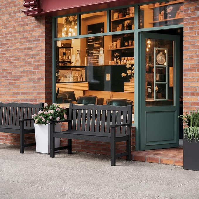 Stoog All-Weather 2-Person Outdoor Bench, 800 lbs Capacity HIPS Plastic Garden Bench for Patio, Backyard, Porch and Park, Never Fades & Rust-Proof, Black