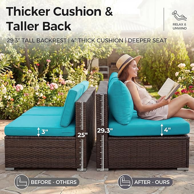 NICESOUL 6 Piece L-Shaped Patio Furniture Set with Fire Pit Table Natural Gas/Propane, 29.3'' High-Back Deep Wide Seat Outdoor Conversations, XL Big Fireplace Couches, Brown Rattan and Teal Cushion
