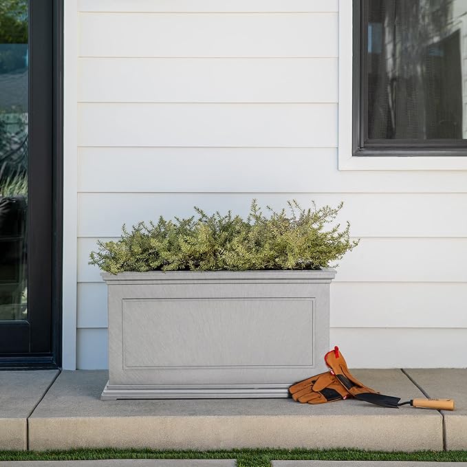 Veradek Brixton Series Large Plastic Planter - Gray, Outdoor, All-Weather Resistant, Dimensions 17.5"H x 16"W x 32"L, Classic Estate Design for Flowers, Trees, Shrubs