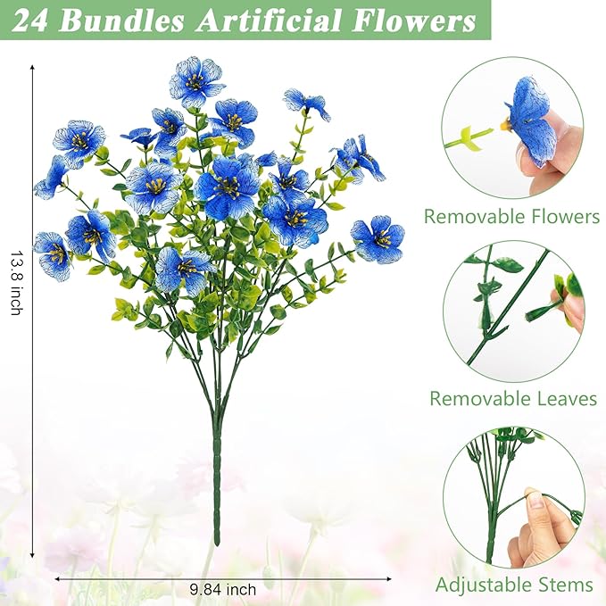 Bassion Artificial Flowers for Outdoors, 24 Bundles UV Resistant Fake Flowers Realistic Silk Faux Plants for Outdoor Planter Window Box Porch Patio Garden Home Outside Decorations