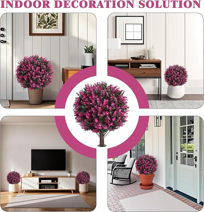 Artificial Topiary Tree with Pink Eucalyptus, Set of 2 Artificial Shrub Bushes with Ground Spike, Fake Evergreen Tree for Porch, Artificial Plants for Outdoor Planters Indoor UV Resist