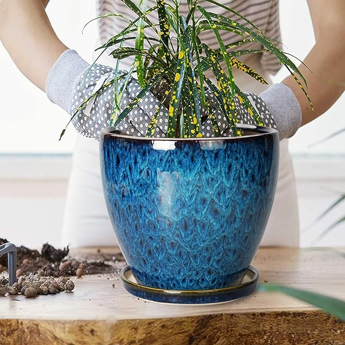 8 Inch Ceramic Planter Pot with Drainage Hole and Saucer, Ceraimc Plant Pot Round Flower Pot for Indoor Plants Outdoor Garden Planter, Blue