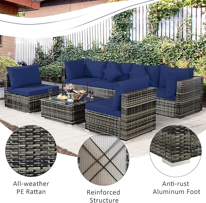 Tangkula 7 Pieces Wicker Patio Furniture Set, All-Weather Outdoor Rattan Sectional Sofa Set with Cushions & Tempered Glass Coffee Table, Outside Sofa Set for Garden, Lawn, Deck, Backyard (Navy)