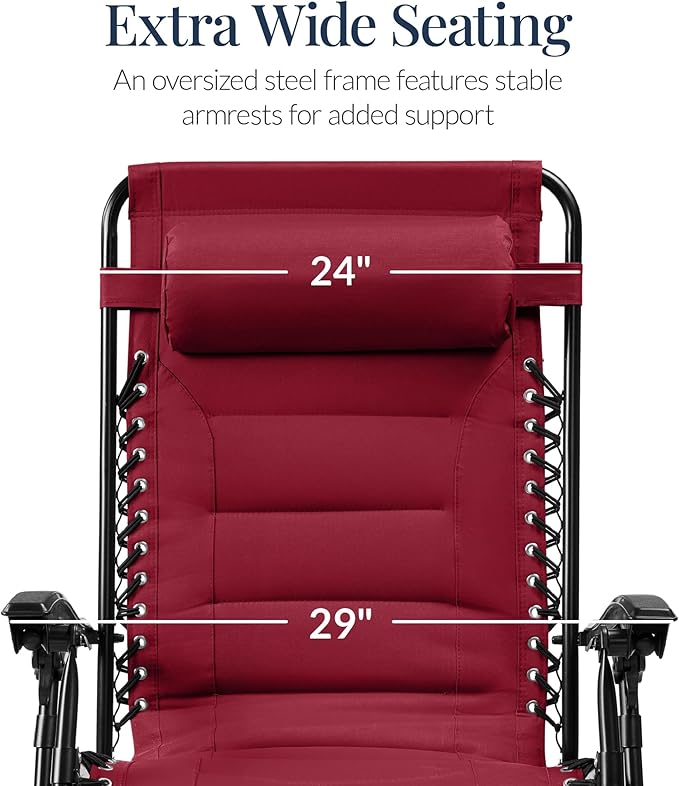 Best Choice Products Oversized Padded Zero Gravity Chair, Folding Outdoor Patio Recliner, XL Anti Gravity Lounger for Backyard w/Headrest, Cup Holder, Side Tray, Polyester Mesh - Burgundy