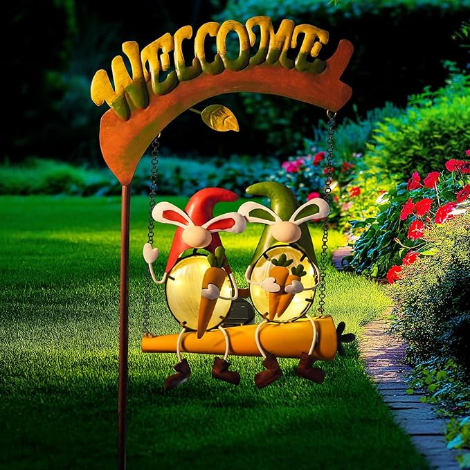 HONGLAND Outdoor Decor Solar Lights, Hanging Gnomes Swing Gardening Gifts for Women, Gnomes Outdoor Easter Decor with Welcome Sign for Porch Patio