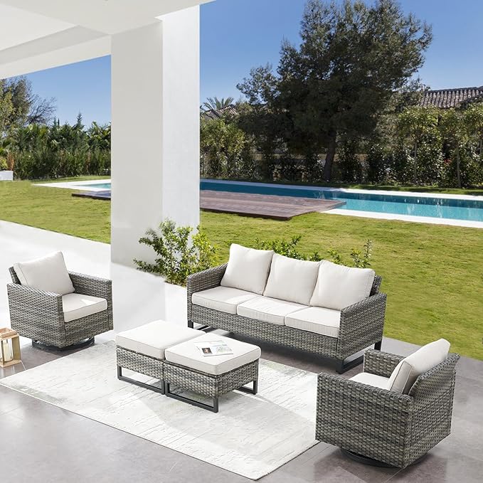 Belord Wicker Patio Furniture 5 Piece Outdoor Sofa Set, Oversize Outdoor Swivel Rocker Chairs with Rattan Ottomans, Conversation Sets Patio Furniture Come with Removable Washable Cushion Beige