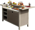 Domi Patio Bar Table, Outdoor Aluminum PE Wicker Bar Cart with Cabinet, All Weather Use Storage Patio Cabinet for Patio Kitchen or Bar Cart, Wood Grain