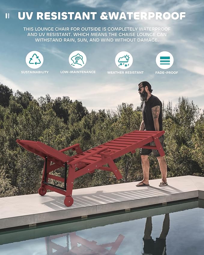 SERWALL Patio Chaise Lounge Chair, 78'' Long HDPE 5 Positions Adjustable Outdoor Lounger, Poly Lounge Chair with Rolling Wheels & Cup Holder for Pool, Dark Red