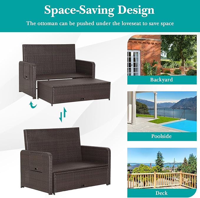 Tangkula Patio Rattan Daybed with 4-Level Adjustable Backrest, Outdoor PE Wicker Loveseat with Storage Ottoman & Folding Side Tray, Double Sunbed Lounger for Balcony, Backyard & Poolside, Turquoise