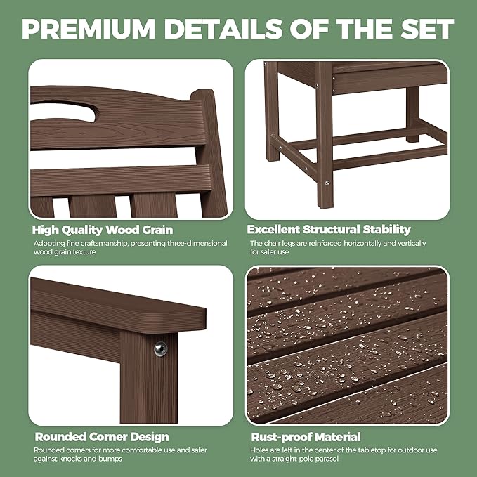5-Piece Outdoor Dining Furniture Set with Chairs, All-Weather HDPE Patio Table and 4 Chairs, Umbrella Hole, for Garden Backyard or Deck - Brown