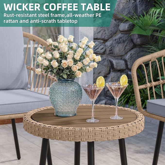 YITAHOME 3 Piece Bistro Set Outdoor with Thick Cushions&Table All-Weather Wicker Patio Furniture Set with Armrest Rattan Conversation Set for Balcony, Backyard, Pool, Porch, Deck - Grey