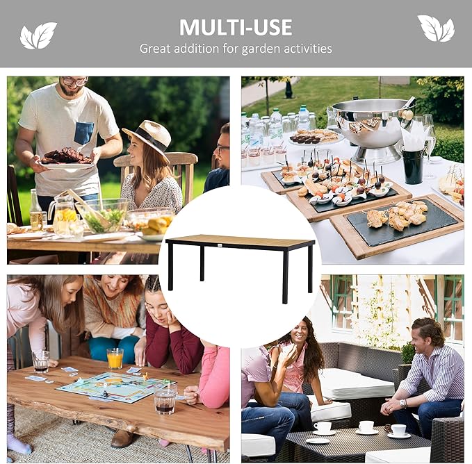Outsunny 75" x 35" Outdoor Dining Table for 8 People, Rectangular Aluminum Frame Garden Table with All-Weather Faux Wood Top for Garden, Lawn, Patio, Natural
