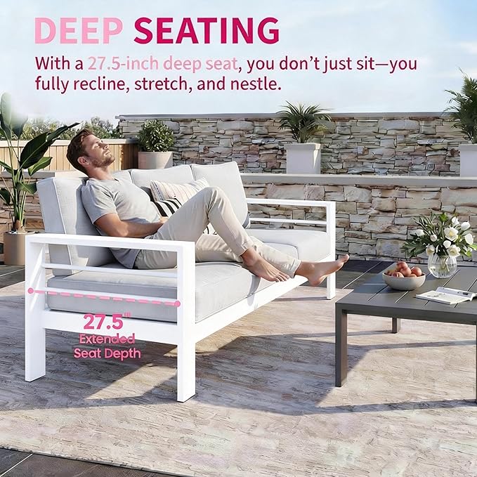 Kiss the Water Outdoor Couch Aluminum Patio Furniture Sofa, 3 Seat All-Weather Metal Patio Couch with 5" Thick and Soft Cushion and Wide Arm, Outdoor Sofa for Balcony, Porch