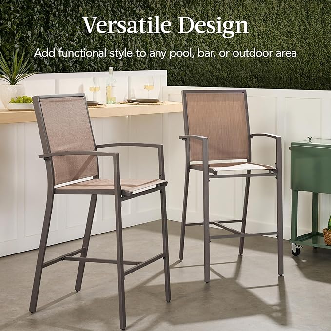 Best Choice Products Outdoor Bar Stools Set of 2, Bar Height, Patio Furniture, All Weather Mesh Design w/Armrest - Brown/Light Brown