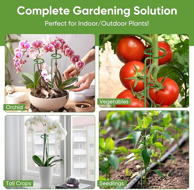 12 Pack Plant Support Stakes with 24 Pcs Plant Clips, Garden Single Stem Support Stake, Plant Cage Support Ring for Indoor Outdoor Flowers Rose Amaryllis Tomatoes Peony Lily Orchid