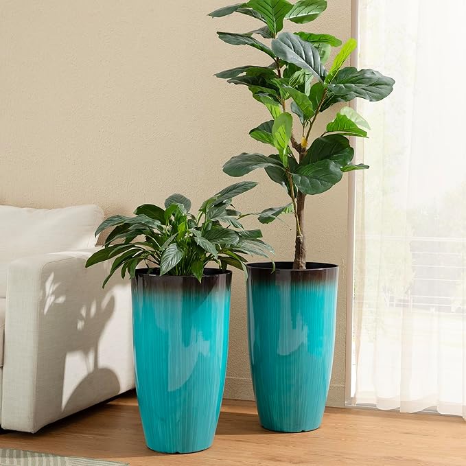 Glitzhome 23.5" H Tall Outdoor Planter, Set of 2 Large Tall Planters with Gradient Turquoise Faux Ceramic Finish, Large Flower Pots for Porch Garden Patio Indoor All Season Decor,with Drainage Holes