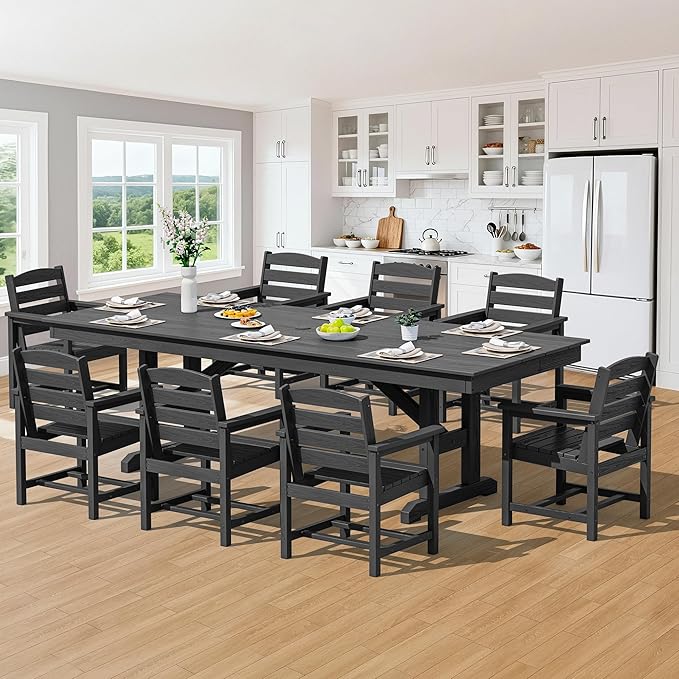 SERWALL 9 Piece Outdoor Dining Set, 84" HDPE Outdoor Table and Chairs for 8，All Weather Patio Furniture Set with Umbrella Hole for Backyard, Garden, Black