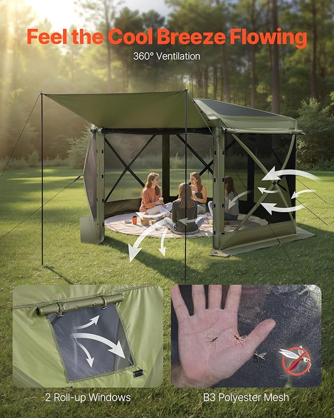 VEVOR Pop up Gazebo Screen Tent, 10 x 10 ft Large 6-Sided Camping Canopy Tent with Removable Top & Carry Bag, Quick-Set & Bite-Proof, Screen House Sun Shelter for 6-8 Persons Backyard Patio, Green