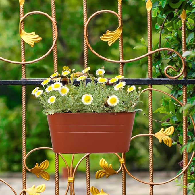 3 Pack Metal Railing Planters, 10.5" Oval Hanging Flower Pots with Detachable Hooks & Drainage Holes, Fits Rails up to 2.36", Galvanized Iron Fence Bucket for Balcony Garden Patio - Terracotta