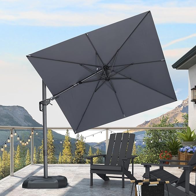 PURPLE LEAF 8' X 8' Tilting Patio Umbrella with Base Outdoor Cantilever Swivel Square Umbrella with Tilt Aluminum Offset Umbrella with 360-degree Rotation for Garden Deck Pool Patio Light Grey