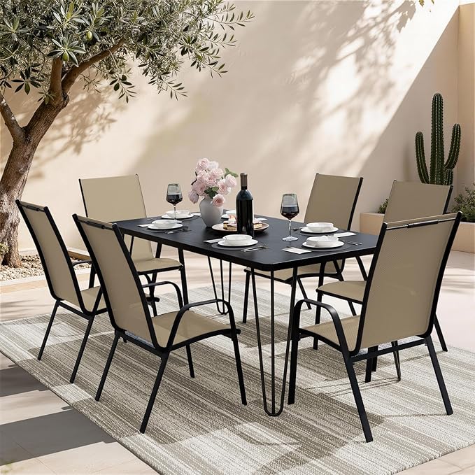 JEAREY Patio Dining Chairs Set of 6, Outdoor Stackable Dining Furniture Set, All Weather Dining Set for Lawn, Garden, Backyard, Poolside, Beige