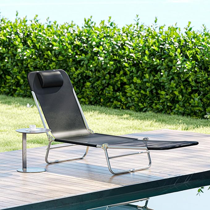 Outsunny Folding Chaise Lounge Chair, Pool Sun Tanning Chair, Outdoor Lounge Chair with Reclining Back, Breathable Mesh Seat, Headrest for Beach, Yard, Patio, Black