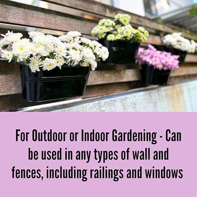 LaLaGreen Rail Planter Outdoor Plants(11.8 Inch, 12 Pack) Black Metal Iron Hanging Flower Pots Deck Railings Fence Buckets Modern Countryside Boho Style Wall Mount Window Box Plant Holder Porch Decor