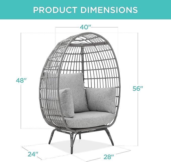 Best Choice Products Wicker Egg Chair, Oversized Indoor Outdoor Lounger for Patio, Backyard, Living Room w/ 4 Cushions, Steel Frame, 440lb Capacity - Gray/Heather Gray