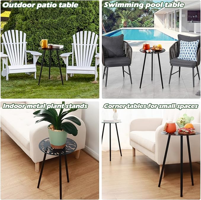 1 Pack Metal Outdoor Side Tables Small Outside Round End Table for Patio Modern Accent Garden Corner Table for Small Spaces, Balcony, Porch, Weather-Resistant, Plant Stand Indoor, Black