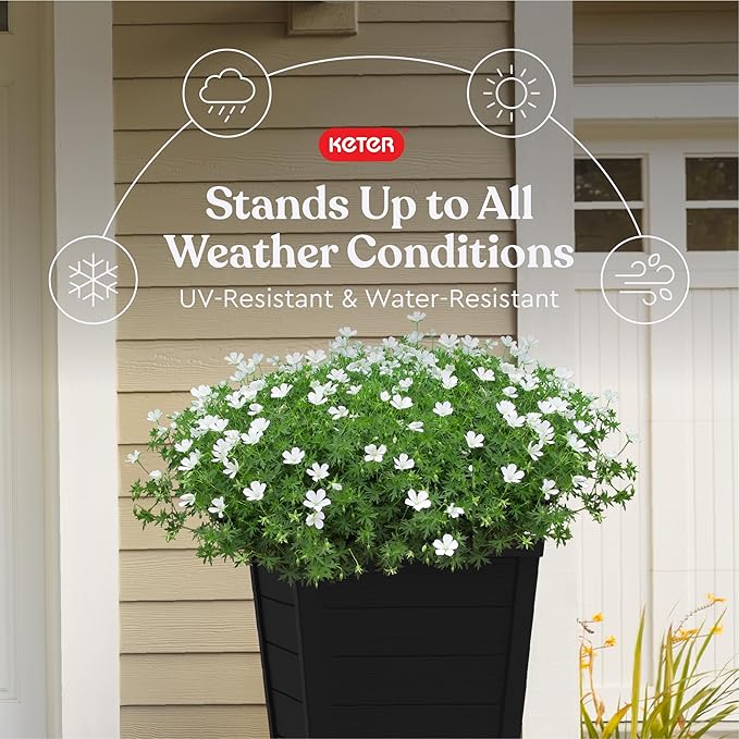 Keter Set of 2 Modern 22‑Inch Tall Outdoor Flower Pots – Large Resin Tapered Planters for Outdoor Plants, Front Porch & Patio Decor, Wood‑Look Design, Graphite
