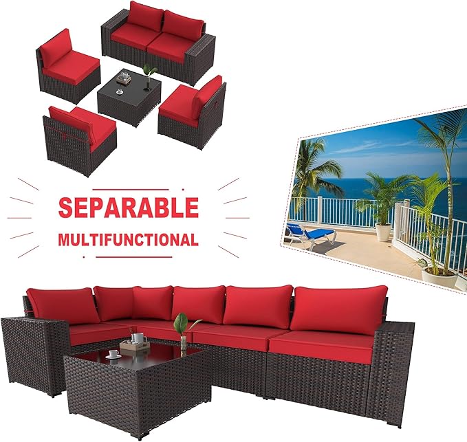 Kullavik 6PCS Outdoor Patio Furniture Set PE Wicker Rattan Sectional Sofa Patio Conversation Sets,Red
