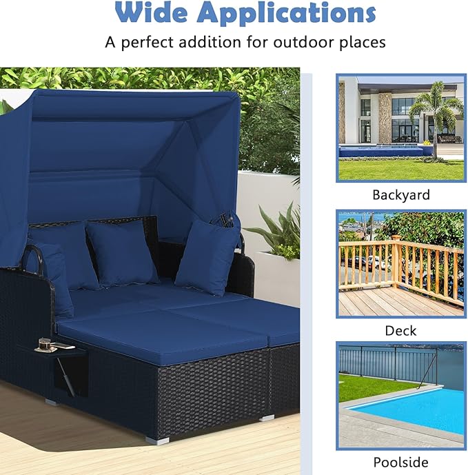 Tangkula Patio Rattan Daybed with Retractable Canopy, Outdoor Wicker Sunbed Lounger with 2 Foldable Side Tables, Thick Seat & Back Cushions, Outside Double Daybed for Garden, Backyard, Porch, Navy