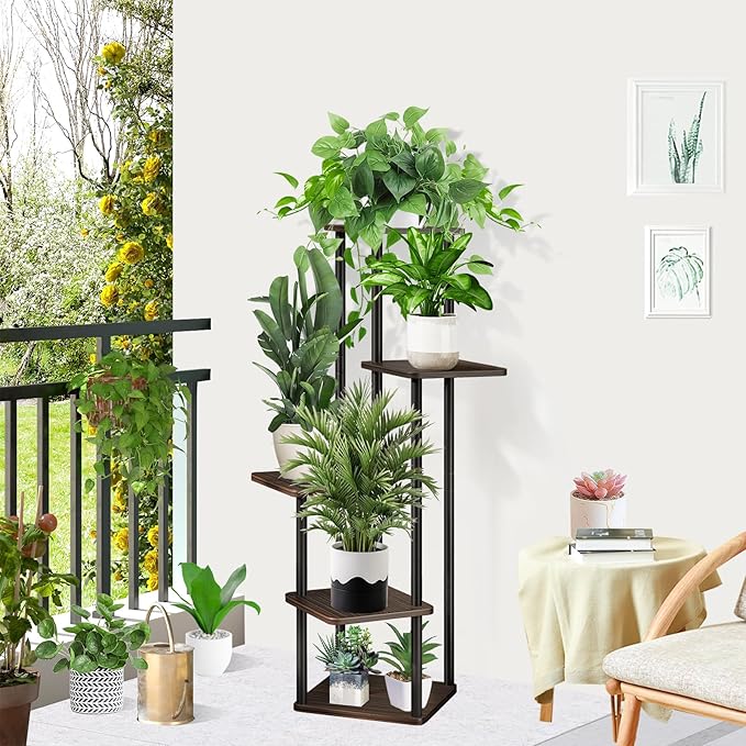 5 Tier Wood Tall Plant Stand Metal Rack Indoor, Multiple Flower Pot Holder Shelves Corner Rack, Planter Shelf Display Rack Storage Organizer for Patio Living Room Balcony Garden(Black Oak)