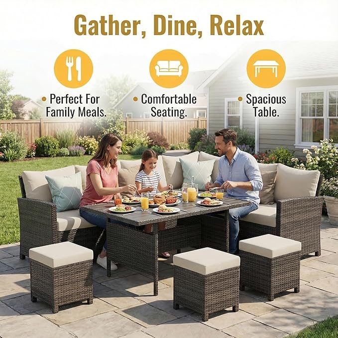 Wisteria Lane 7 Piece Patio Furniture Set, High Curved Back Wicker Patio Sectional, All Weather Outdoor Dining Set, Outdoor Furniture Patio Conversation Set with Ottoman, Ivory