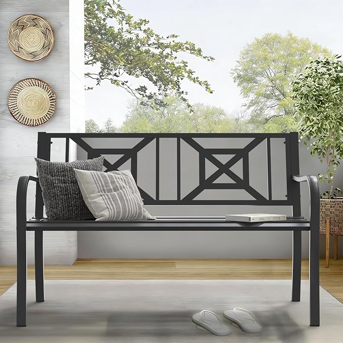 On Shine Patio Garden Bench,Outdoor Park Bench with Powder Coated Steel Frame, Elegant Loveseat with Square Pattern Backrest & Ergonomic Armrest for Outdoor Garden, Backyard, Lawn, Porch