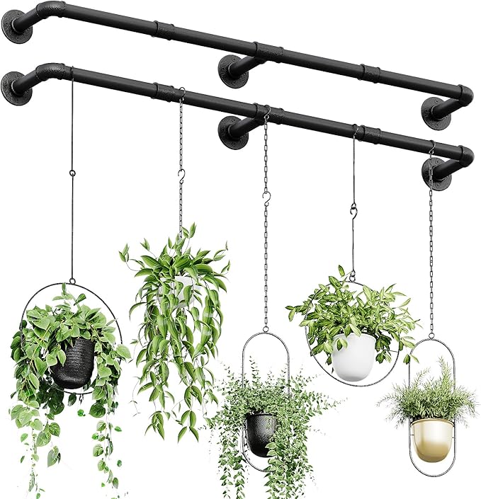 Bamworld Window Plant Hanger Indoor 63in 2PCS Hanging Planters for Indoor Plants Hanging Plants Holder Hanging Rod Window Plant Shelves Wall Planters Pot/Chain/Plant Not Included (Black)