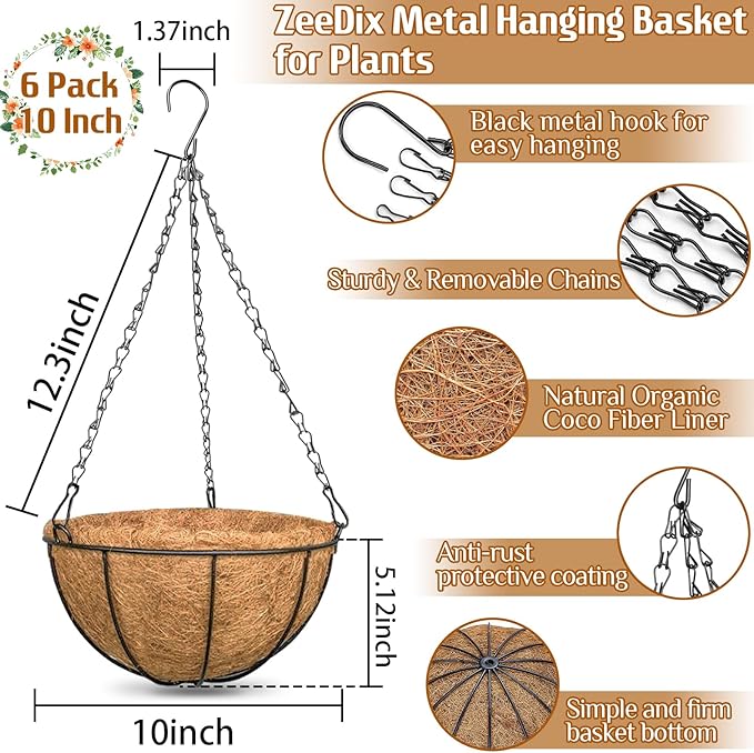ZeeDix 6 Pack 10 Inch Metal Round Hanging Planter Basket with Coconut Liners Replacement, Hanging planters Baskets with Natural Coco Liner for Outdoor Indoor Planters Flowers Vegetables