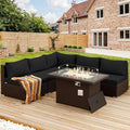 NICESOUL 6 Piece L Shaped Outdoor Sofa with Fire Pit Natural Gas/Propane, 29.3'' High-Back Comfy Wicker Patio Furniture Set Fireplace, Modern Deep Seat Conversations, Brown Rattan and Black Cushion