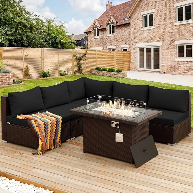 NICESOUL 6 Piece L Shaped Outdoor Sofa with Fire Pit Natural Gas/Propane, 29.3'' High-Back Comfy Wicker Patio Furniture Set Fireplace, Modern Deep Seat Conversations, Brown Rattan and Black Cushion