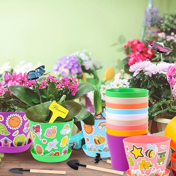 32 Set Garden Plastic Pot Craft Kit DIY Flower Plant Crafts Nursery Pots with Stickers Flower Planting Growing Kit for Spring Summer Home Classroom School Creative DIY Art Project Activities
