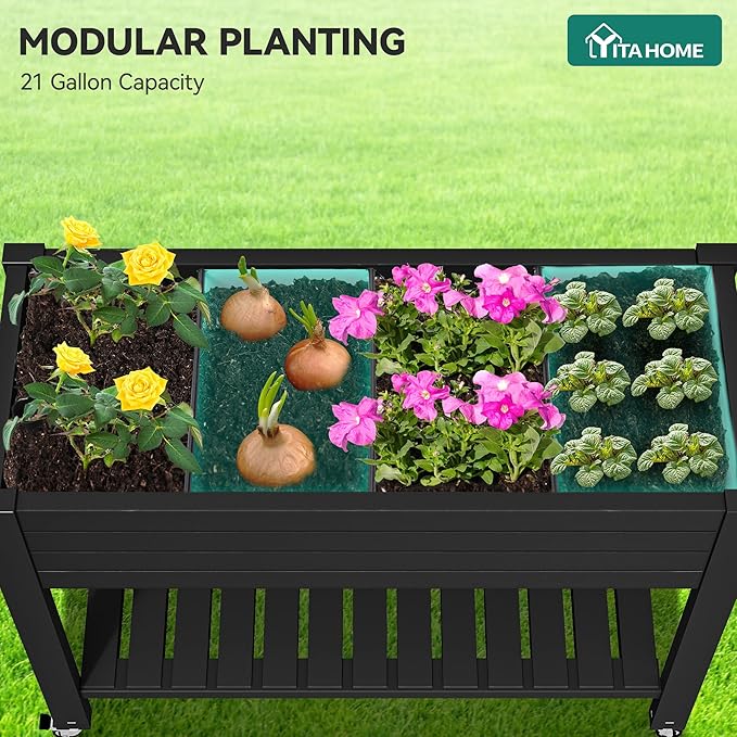 YITAHOME 43.3x17.7x34 in Elevated Garden Bed 2pcs, Outdoor Plastic Planter Box with Wheels, Legs, Drain Plug, and Storage Shelf for Plants, Vegetables, Flowers, Herbs, Black