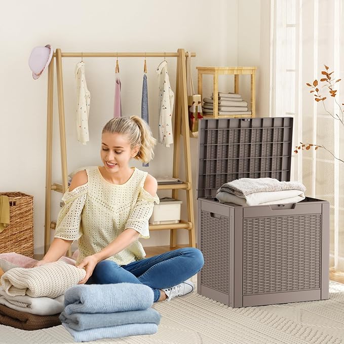 ROJIK Outdoor Storage Housing Deck Box - Waterproof Patio Furniture, Garden Tools, Cushions, Pool Accessories Storage Bench with Lockable Lid and Side Handles (Grey Rattan, 30 Gal)