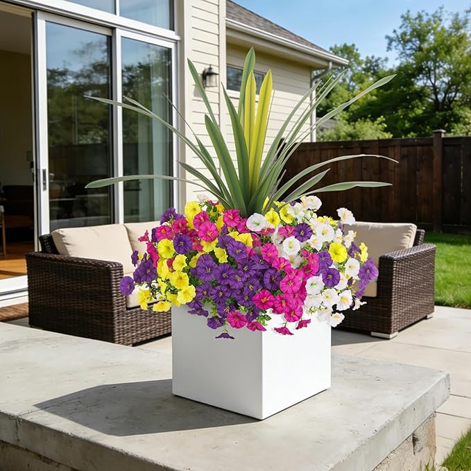 Artificial Flowers for Outdoors Fake Plants Outside, 12 Bundles Silk Morning Glory with Eucalyptus + Orchid Leaf UV Resistant Realistic Faux Flowers for Porch Planter Garden Patio (Mix Color)