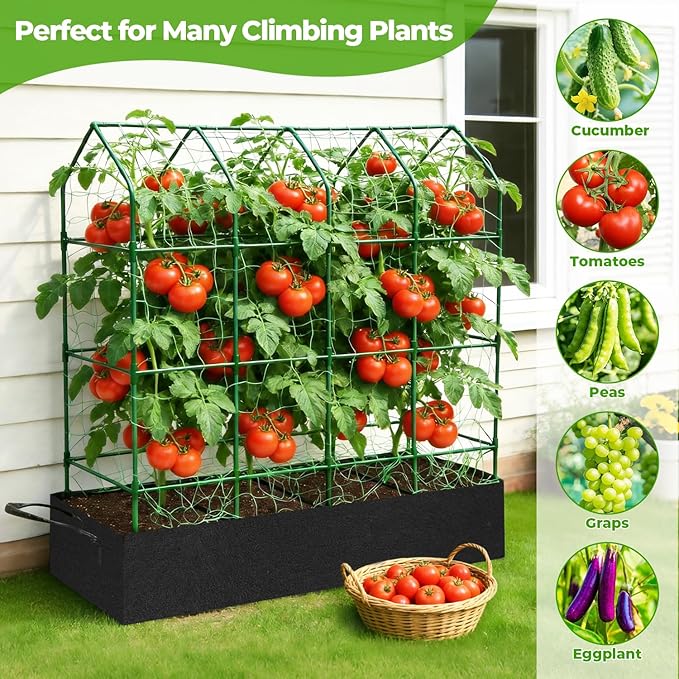 Large Cucumber Trellis for Climbing Plants Outdoor with Grow Bag,67" Tall Metal U-Frame Plant Trellis for Raised Bed with Garden Netting and Plant Clip Plant Ties for Vegetables Tomatoes Squash Pea