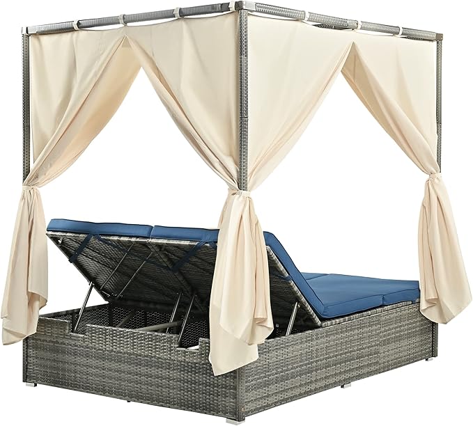 Patio Chaise Lounge, Gray PE Rattan Outdoor Patio Wicker Sunbed Daybed with Adjustable Seats, Four-sided Canopy, Overhead Curtain and Blue Cushions for Backyard, Garden, Poolside (for 2-6 people)